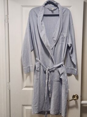 Vermont Country Store Seersucker Cotton Robe Blue Stripe